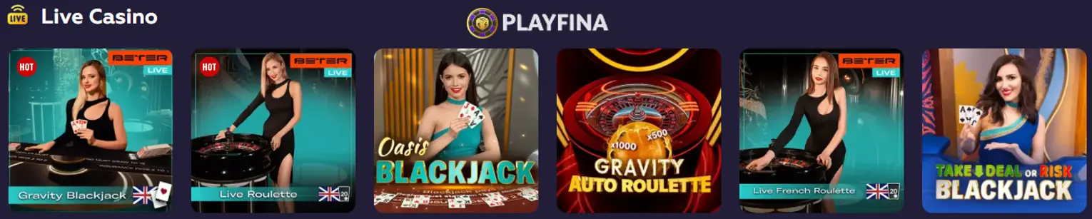 Playfina live dealer blackjack, roulette, and baccarat tables