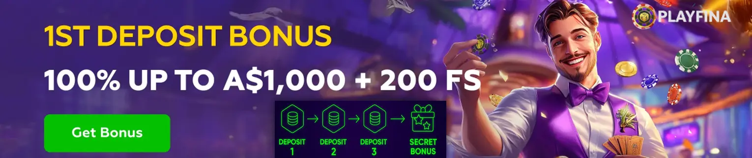 Playfina Casino bonus up to A$6500 and 1,000 free spins banner